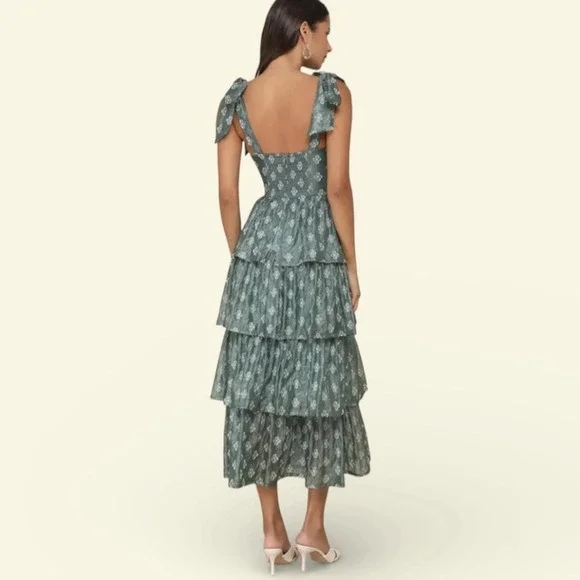 NWT Lulus Gorgeous Excellence Green Floral Burnout Tiered Midi Dress XL Coquette - Picture 4 of 9